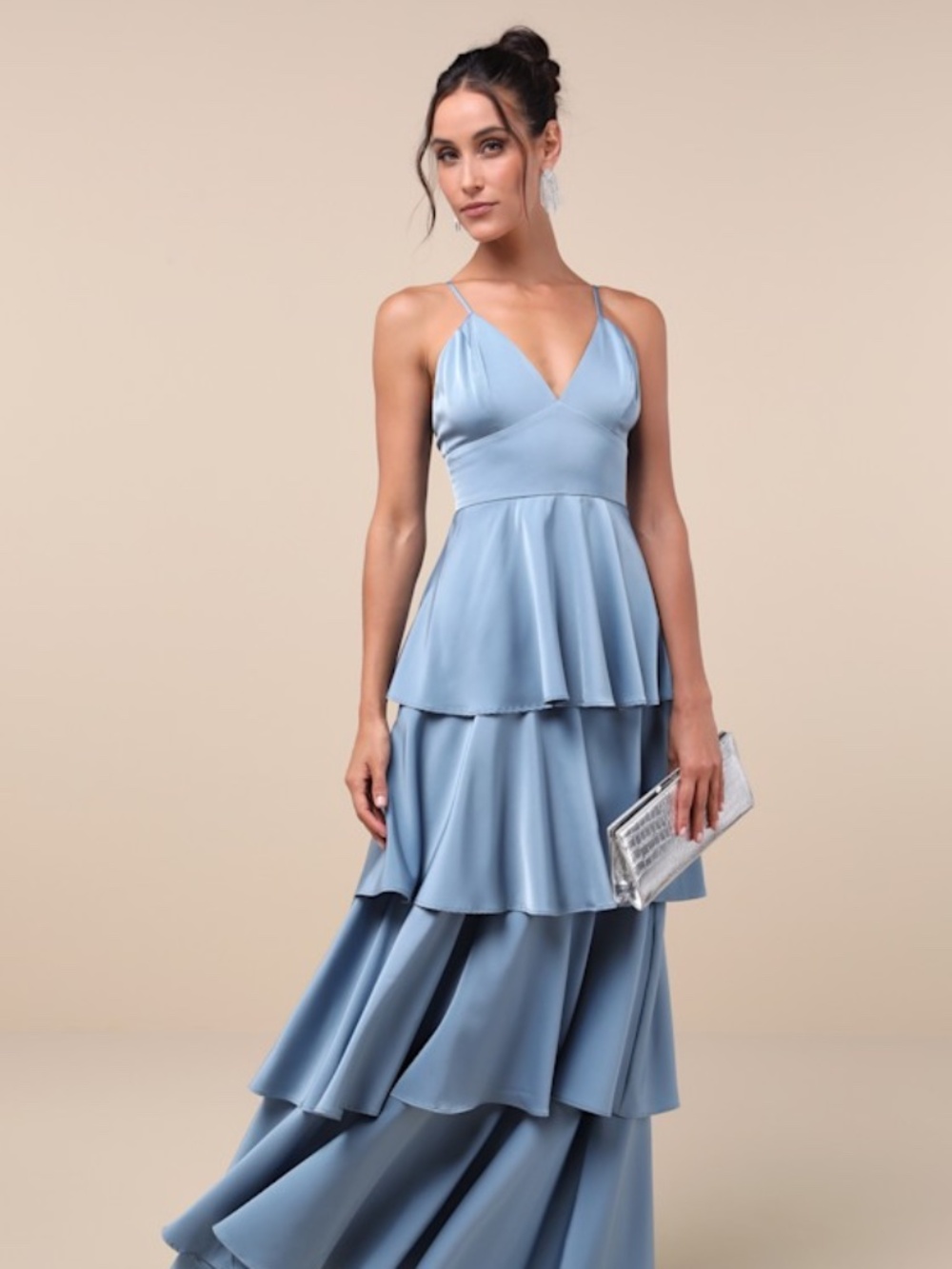 Lulus Going With Elegance Slate Blue Satin Tiered Gown - Size L